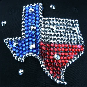 Black baseball cap featuring a Texas state map design in colorful rhinestones