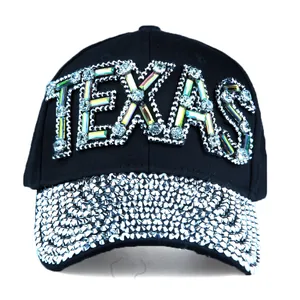 Schwarze Baseballkappe mit TEXAS-Strass-Schriftzug und einer glitzernden Kristall-Krempe