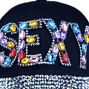 Women's black baseball cap with colorful SEXY rhinestones and glittery studded brim
