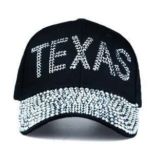 Women's black baseball cap with TEXAS silver rhinestone letters and studded brim