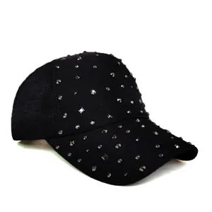 Women's black baseball cap with sparkling silver rhinestones and curved brim side view