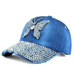 Women Denim Rhinestone Butterfly Baseball Cap Fashion Distressed Washed Cotton Sun Hat Sparkly Outdoor Denim Hat