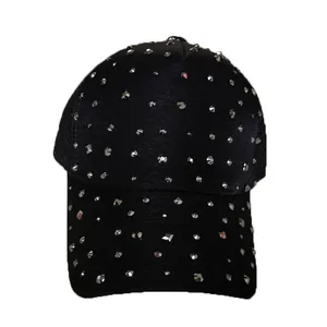Fashionable black mesh baseball cap for women with sparkling silver rhinestone accents