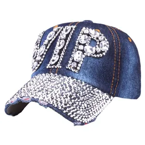 Deep blue denim VIP baseball hat with sparkling rhinestones and frayed brim edges