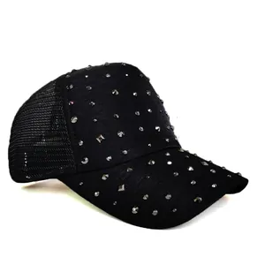 Fashionable black mesh trucker hat for women with sparkling silver rhinestones