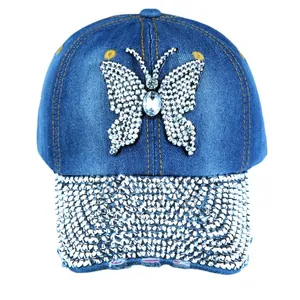 Women's blue denim baseball cap with rhinestone butterfly and sparkling brim