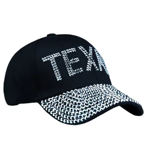 Black cotton baseball cap with TEXAS rhinestones and sparkling brim for outdoor sun protection