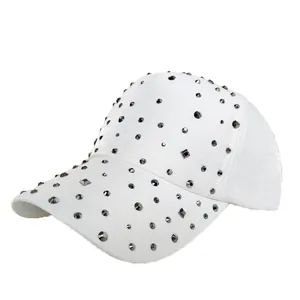 White baseball cap with sparkling rhinestones and studs for a trendy outdoor look