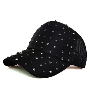 Women Fashion Rhinestone Studded Baseball Cap Breathable Mesh Trucker Hat Adjustable Punk Streetwear Sun Hat Cotton