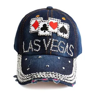 Denim Baseballkappe mit Las Vegas Strasssteinen und Poker-Karten-Stickerei für Damen