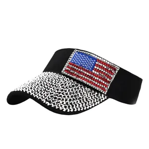 Black sun visor hat with rhinestone US flag design and sparkling brim for outdoor wear