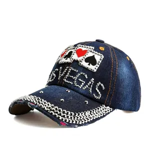 Damen Denim Baseballkappe Mit Strass LAS VEGAS Pokermotiven Nieten Used-Look Modischer Outdoor Sonnenschutz Hut