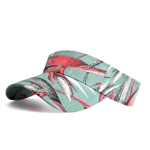Detailed view of sun visor hat with tropical leaf pattern and textured gray-green fabric