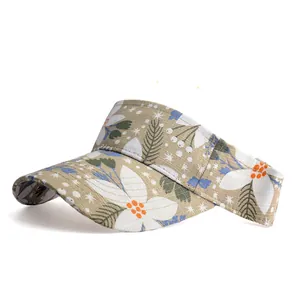Detail of floral print visor with wide brim and adjustable strap for sun protection
