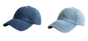 Detail of dark and light blue washed denim baseball caps with decorative stitching