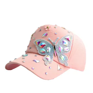 Casquette de baseball rose avec strass papillon colorés et paillettes pour femmes