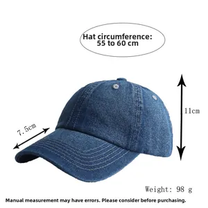 Blue denim baseball cap size details including brim length and head circumference