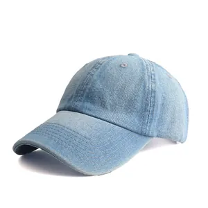 Detail of light blue washed denim baseball cap with premium stitching and texture