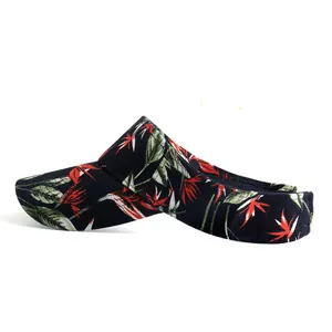 Detail of black canvas visor with vibrant red bird of paradise floral print pattern