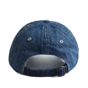 Adjustable dark blue washed denim baseball cap with metal buckle and stitch detail