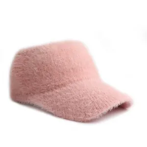 Visiera chic in maglia rosa da donna in pelliccia di coniglio, berretto caldo a tetto aperto