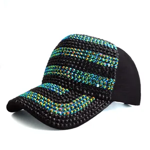Detail of baseball cap with colorful rhinestones on black fabric and stiff crown structure