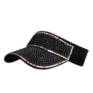 Black sun visor hat with sparkling rhinestones and colorful crystal rainbow accents