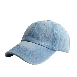 Washed light blue denim baseball cap with a vintage distressed finish and plain design