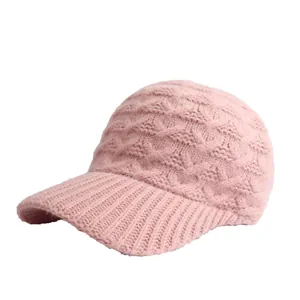 Rosa grob gestrickte Baseballkappe für Damen warme Wintermütze mit Schirm