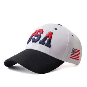Detail of USA 3D embroidery and flag patch on black and white baseball cap