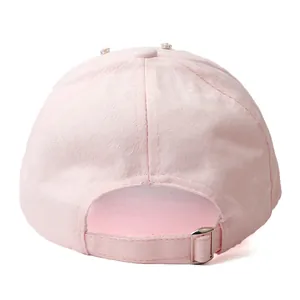 Pink baseball cap with butterfly embroidery and adjustable metal buckle back view