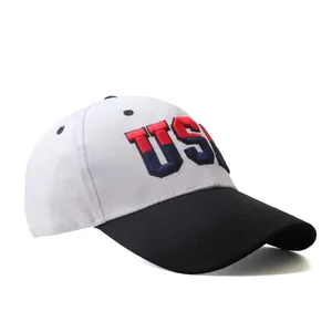 Classic white baseball cap with black brim and 3D USA embroidery for outdoor sun protection