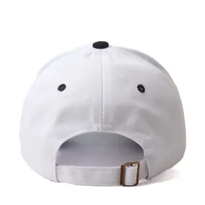 Classic white USA baseball cap with black top button and adjustable brass metal buckle back