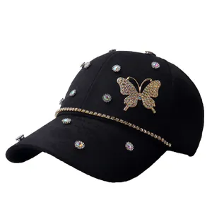 Women's black baseball cap with rhinestone butterfly and floral jacquard patterns