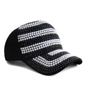 Black and white striped rhinestone baseball cap with sparkling crystal embellishments