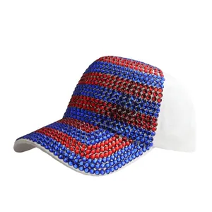 Sparkling two-tone rhinestone baseball cap with red and blue crystals on white fabric