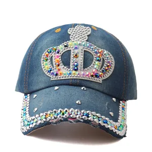 Denim baseball cap with colorful rhinestone crown patch and distressed details
