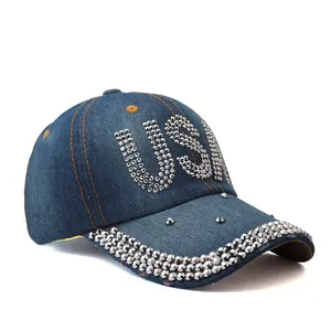 Navy blue denim baseball cap with USA rhinestones and frayed details for sun protection