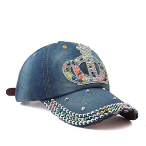 Distressed blue denim baseball cap with colorful rhinestone crown and silver rivets