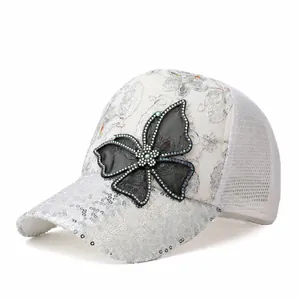 Dames Mode Pailletten Vlinder Honkbalpet Strass Kant Borduurwerk Gaas Truckerpet Zonbescherming Ademend Outdoor Hoed