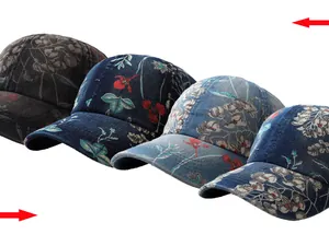 Detail view of four patterned baseball caps showing floral fabric textures and colors