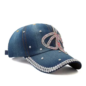 Women's dark blue denim baseball cap with crystal butterfly and sparkly rhinestone studs