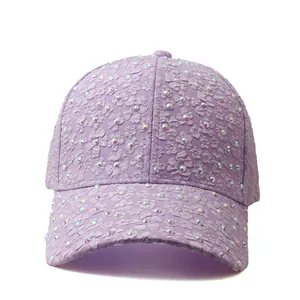 Casquette violet clair pour femme avec broderie dentelle florale 3D et strass colorés