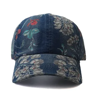 Women's Vintage Floral Print Cotton Denim Baseball Cap Washed Adjustable Sun Protection Outdoor Fashion Trucker Hat Ethnic Style Hip Hop Cap