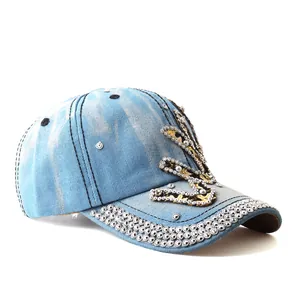 Denim baseball cap with sparkling rhinestones and leopard print luck design for sun protection
