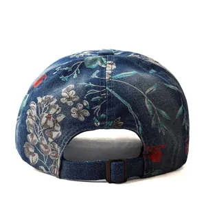 Navy floral baseball cap with ethnic prints and adjustable metal buckle back view