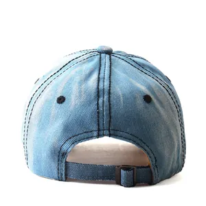 Rear view of blue denim baseball cap with adjustable metal buckle and contrast stitching