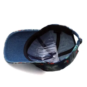 Detail of 100% cotton inner lining and adjustable metal buckle on floral baseball cap