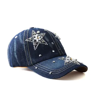 Damen Baseballkappe aus Denim mit Strass-Sternen und 3D-Blumenverzierung in Dunkelblau