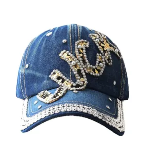 Denim baseball cap with leopard print LUCK lettering, rhinestones and pearls